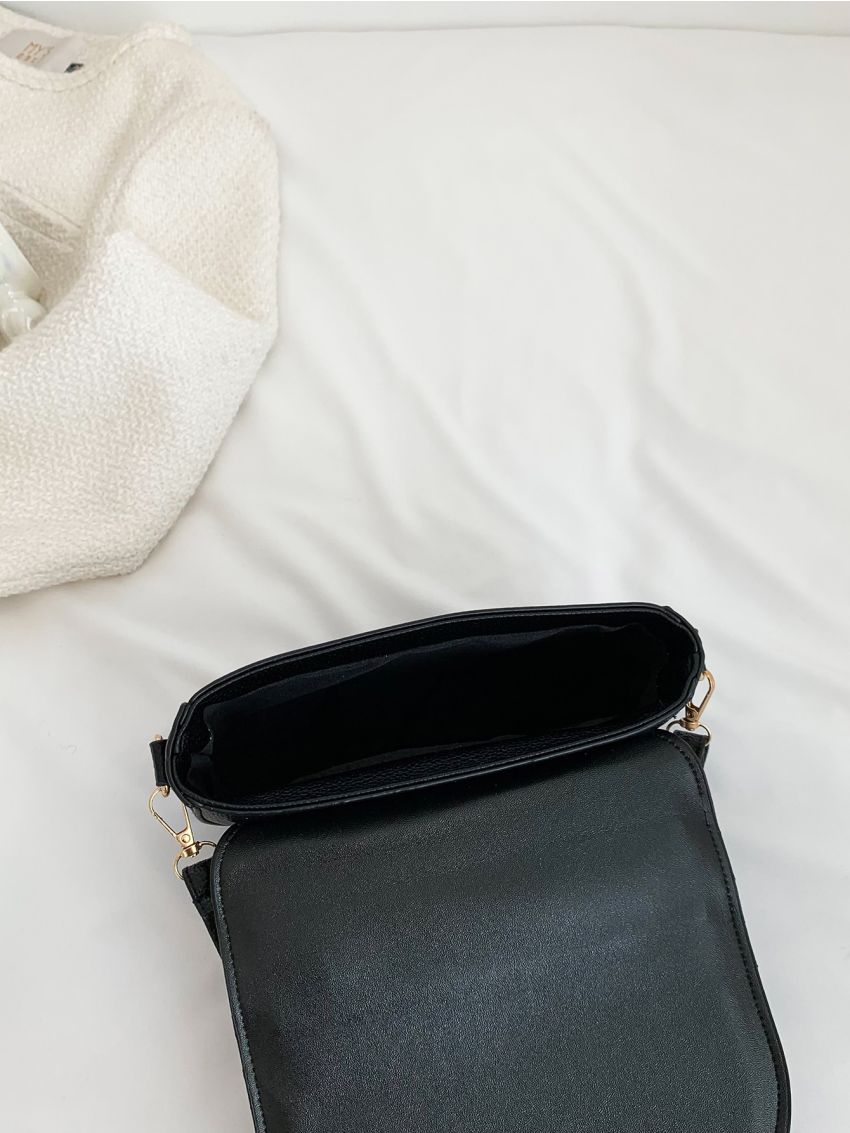 Mini Black Litchi Embossed Saddle Bag Solid Flap With Adjustable-strap For Daily Life