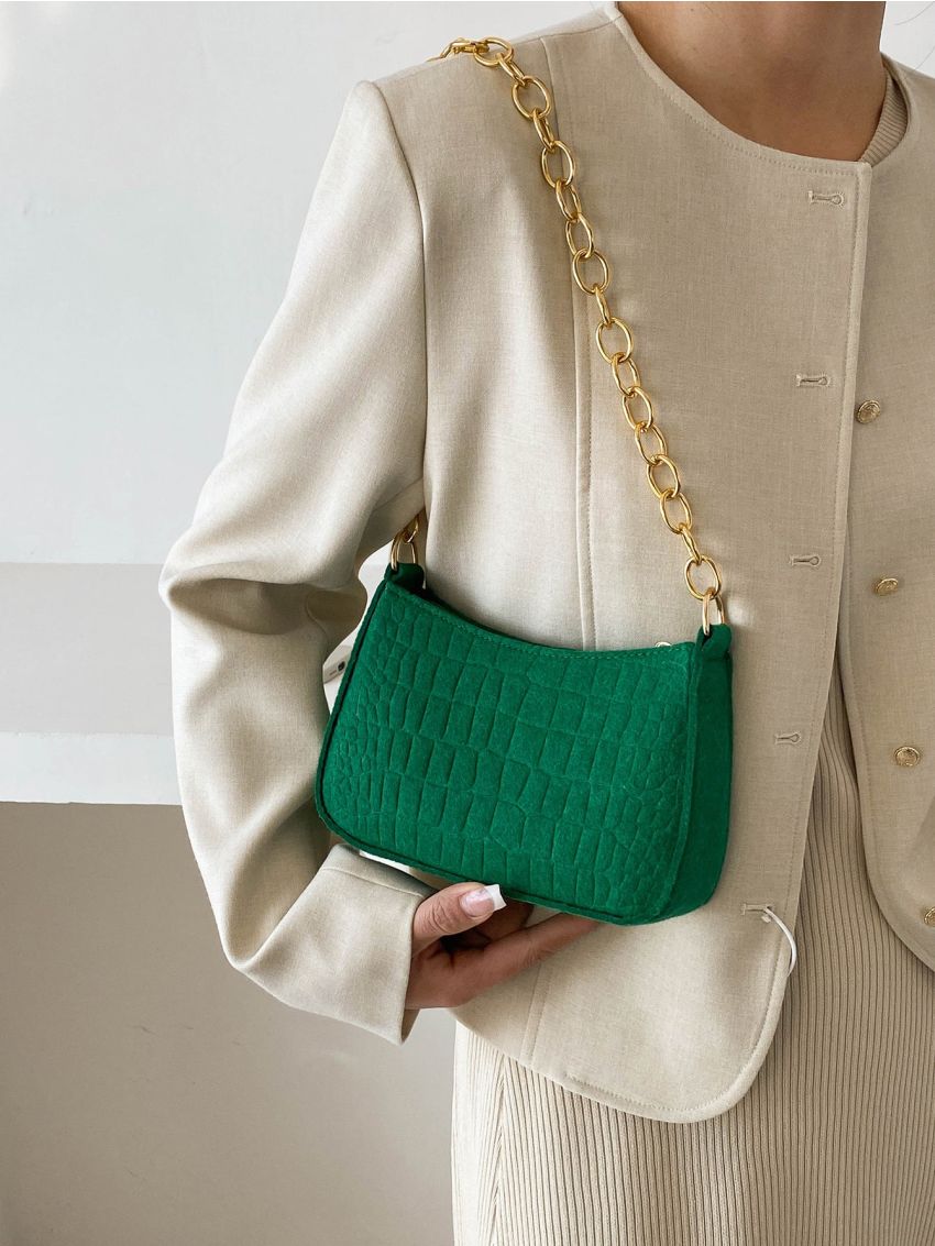 Green Crocodile Print Hobo Bag Fashionable Polyester Solid Zipper With Chain For Daily Life
