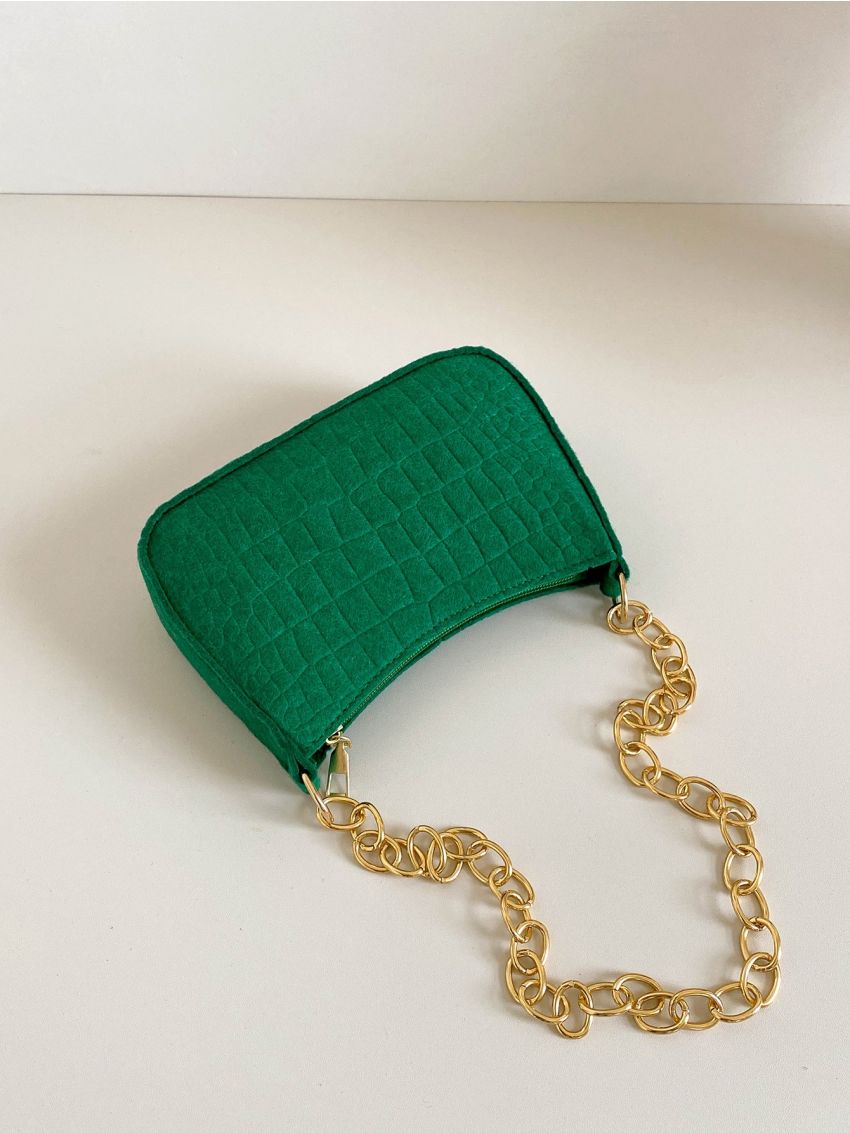 Green Crocodile Print Hobo Bag Fashionable Polyester Solid Zipper With Chain For Daily Life
