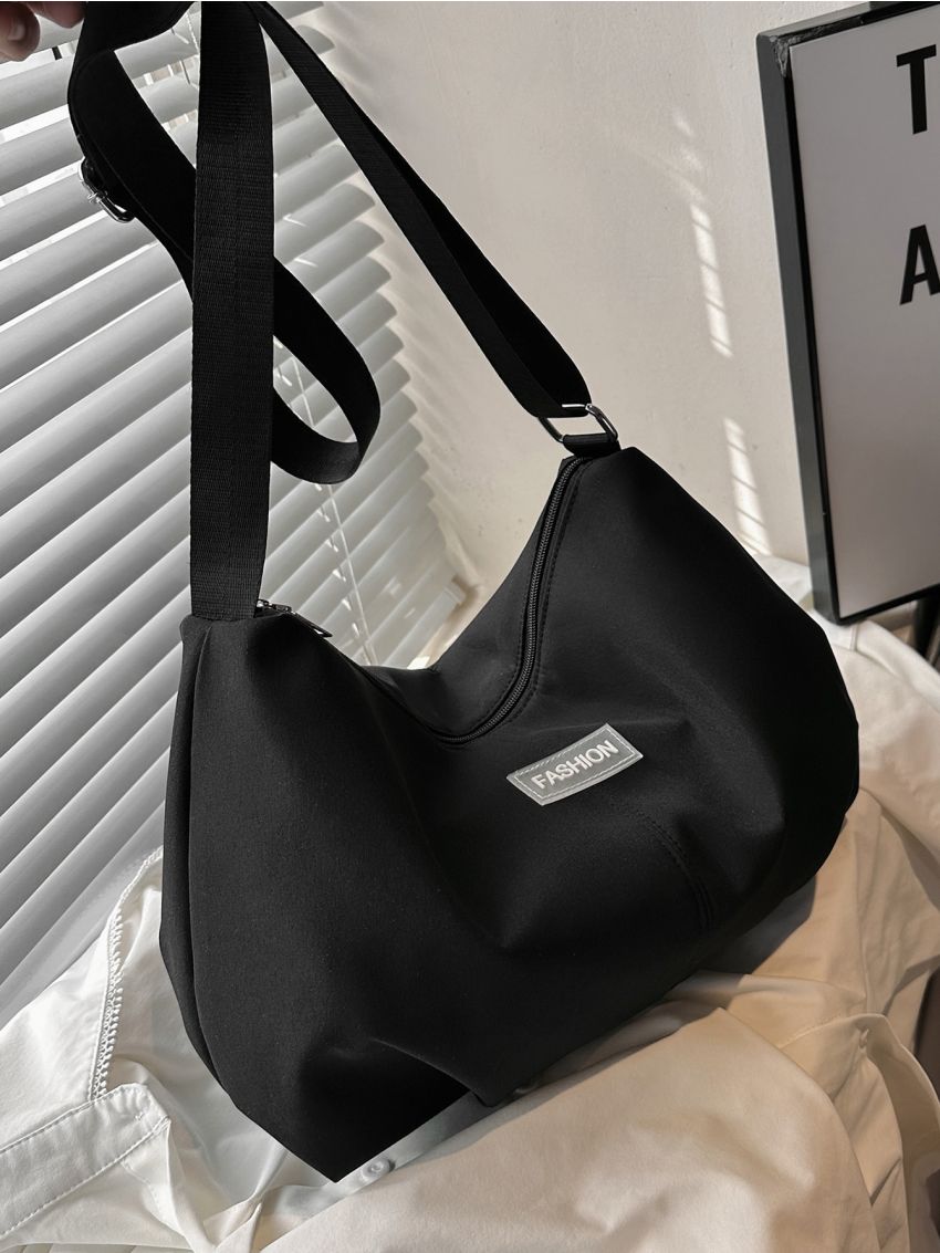 Letter Patch Decor Ruched Bag Black Oversized For School