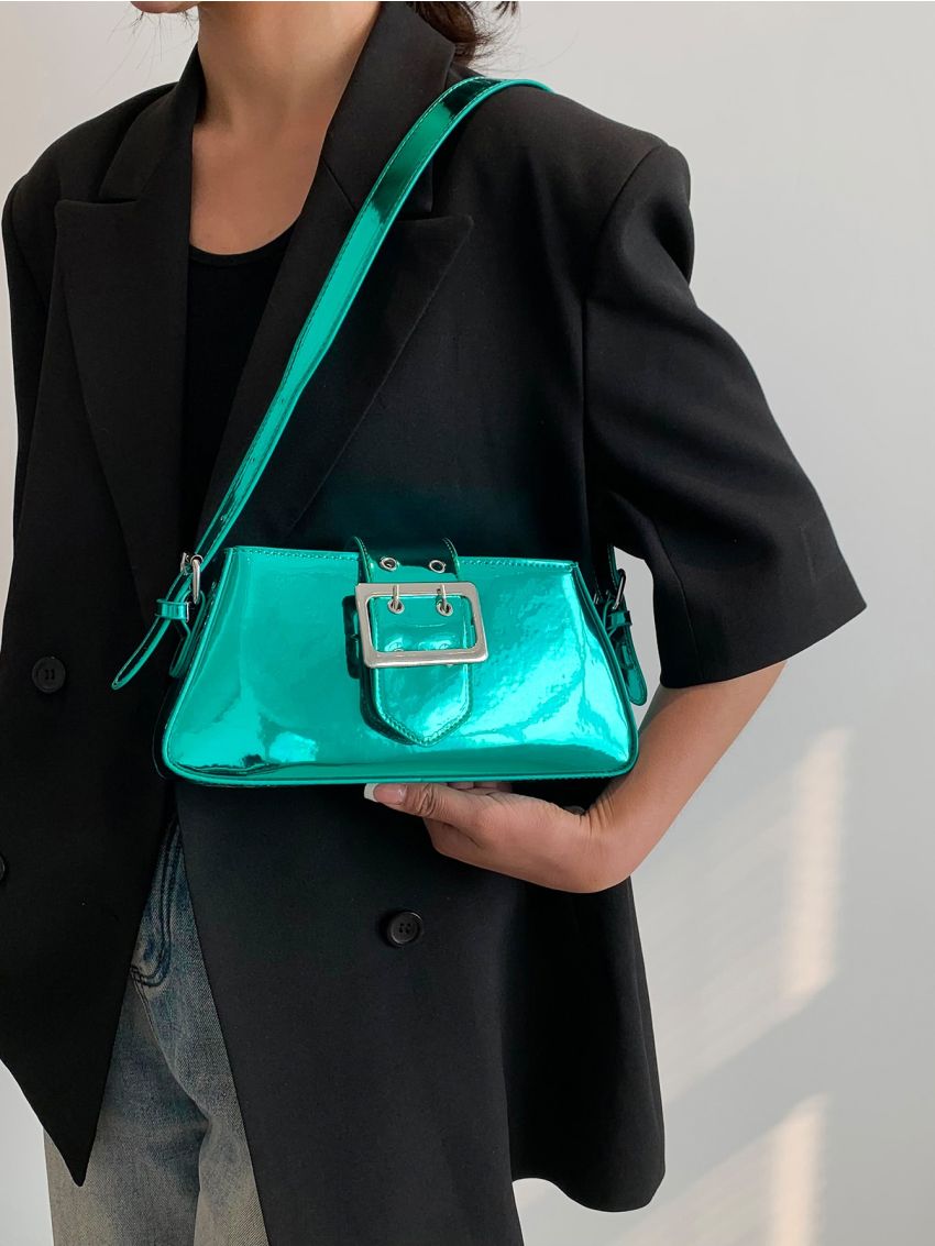 Metallic Baguette Bag Eyelet & Buckle Decor PU Funky For Daily Life