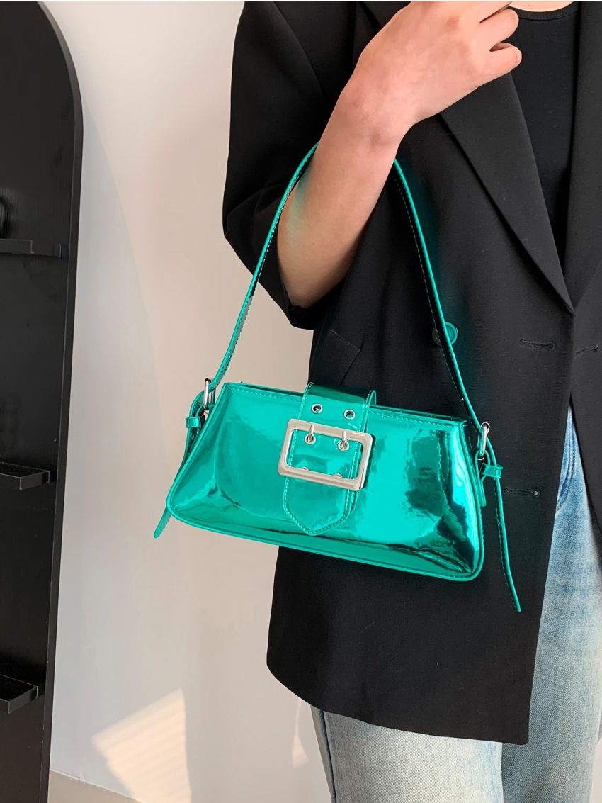 Metallic Baguette Bag Eyelet & Buckle Decor PU Funky For Daily Life