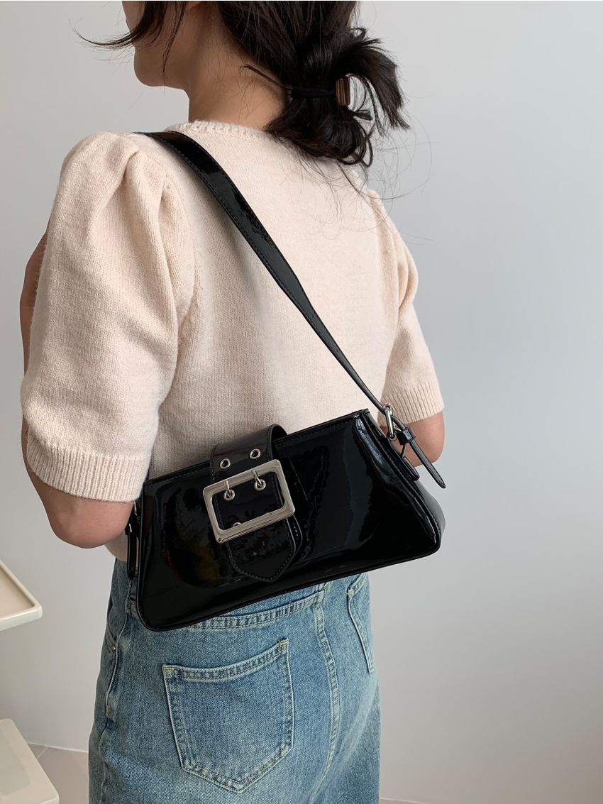 Metallic Baguette Bag Eyelet & Buckle Decor PU Funky For Daily Life