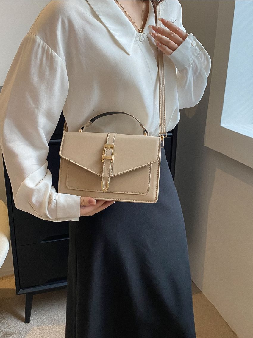 Buckle Decor Square Bag Top Handle Flap Minimalist