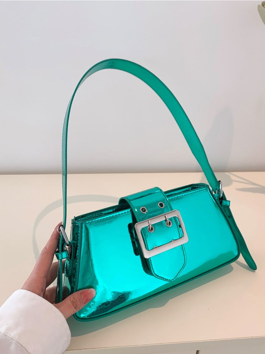 Metallic Baguette Bag Eyelet & Buckle Decor PU Funky For Daily Life