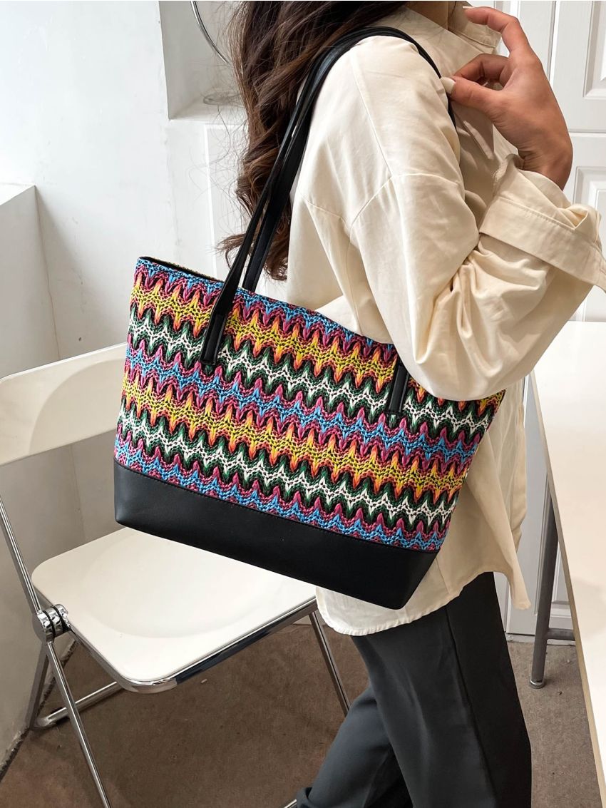 Medium Straw Bag Colorblock Geometric Pattern