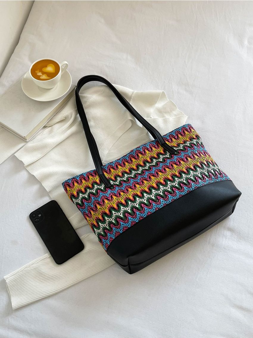 Medium Straw Bag Colorblock Geometric Pattern