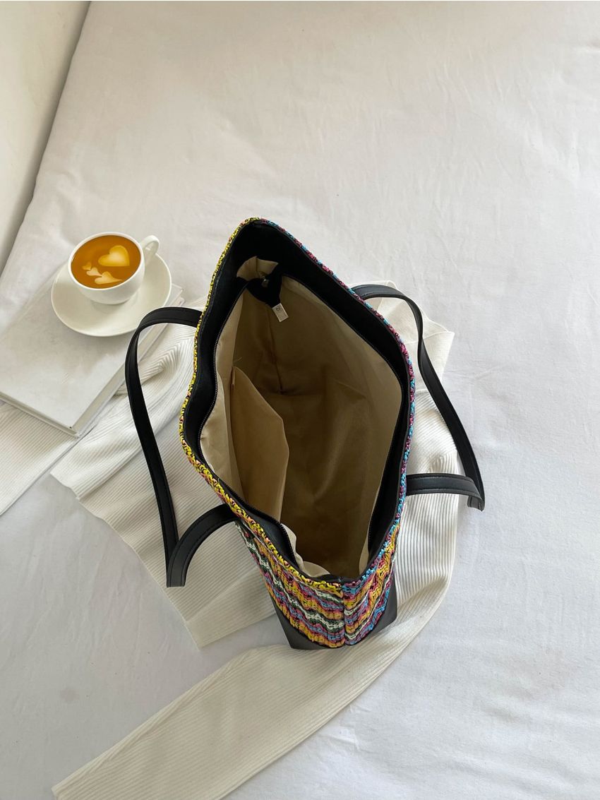 Medium Straw Bag Colorblock Geometric Pattern