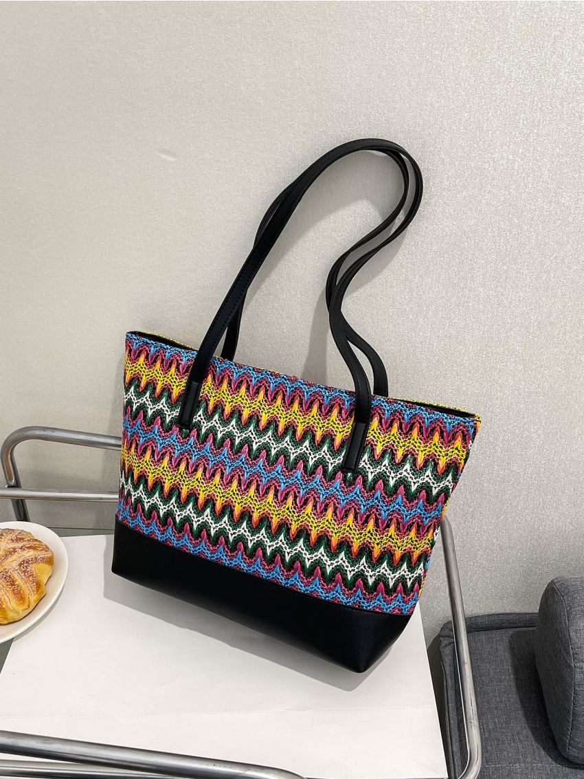 Medium Straw Bag Colorblock Geometric Pattern