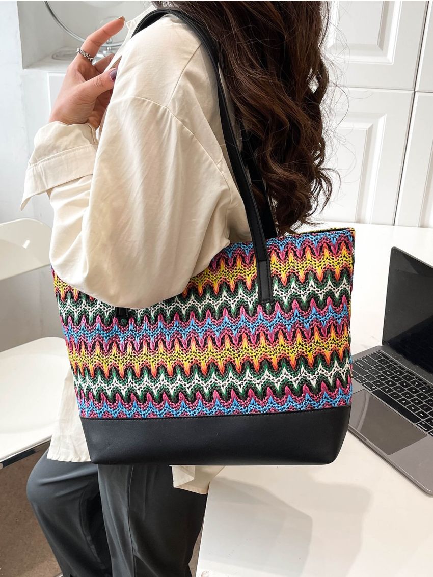 Medium Straw Bag Colorblock Geometric Pattern