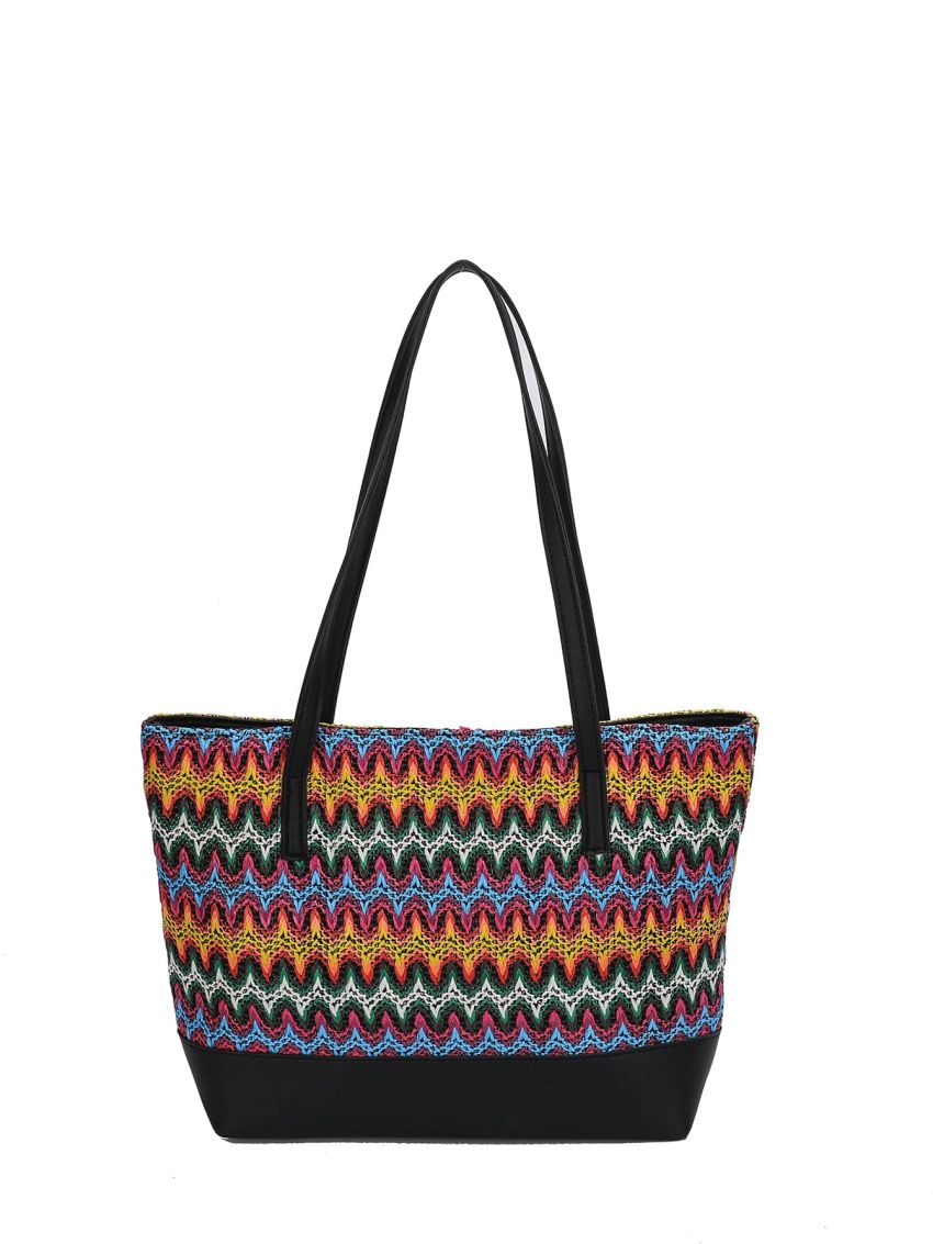 Medium Straw Bag Colorblock Geometric Pattern