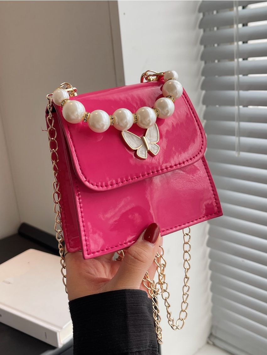 Mini Flap Square Bag Butterfly Decor Pearl Decor Chain Strap Neon Pink