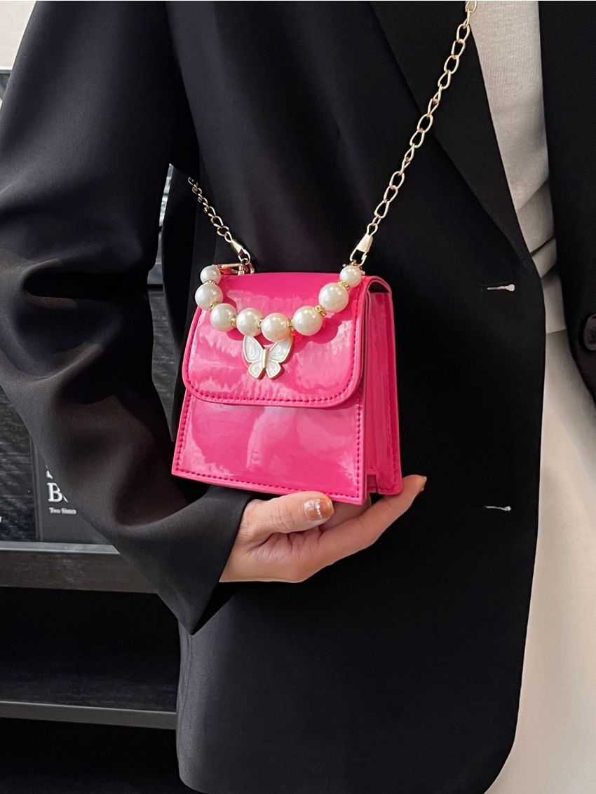 Mini Flap Square Bag Butterfly Decor Pearl Decor Chain Strap Neon Pink