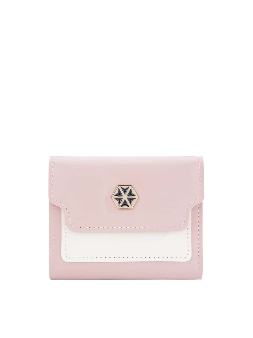 Two Tone Small Wallet PU Metal Decor Tri-Fold