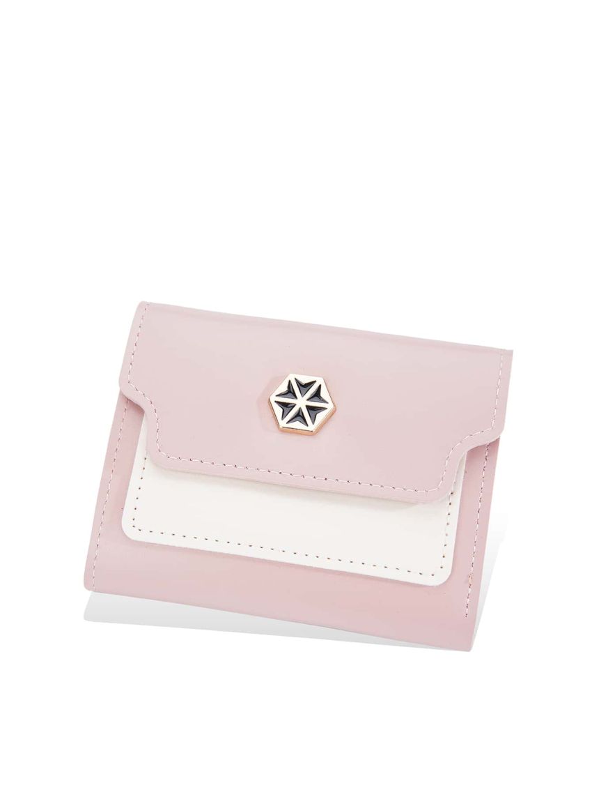 Two Tone Small Wallet PU Metal Decor Tri-Fold