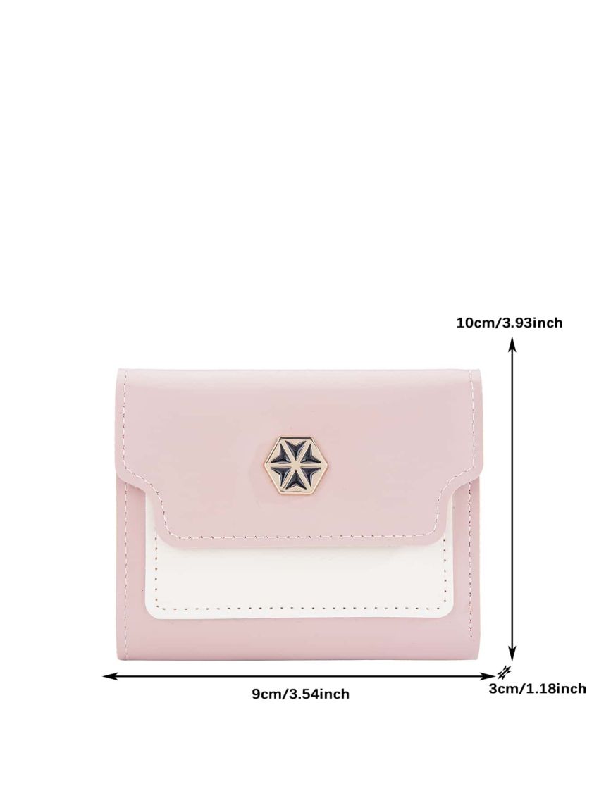Two Tone Small Wallet PU Metal Decor Tri-Fold
