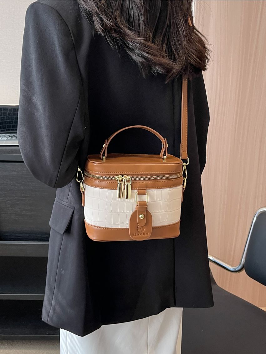 Mini Bucket Bag Crocodile Embossed Two Tone PU For Daily Life