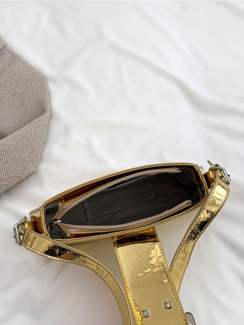 Metallic Pattern Buckle Decor Baguette Bag Funky Style