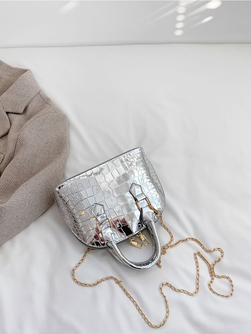Mini Metallic Dome Bag Crocodile Embossed Double Handle Chain Strap