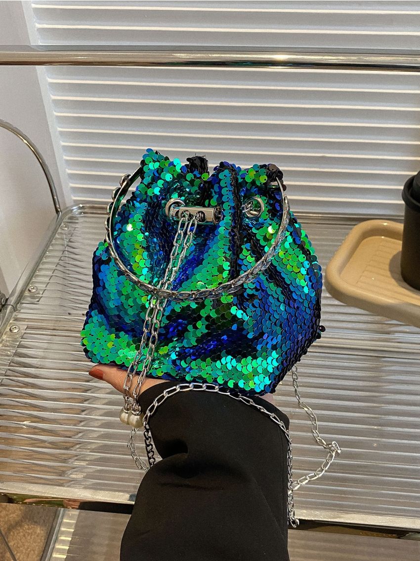 Mini Sequin Decor Top Handle Bucket Bag for Party, Clear Bag