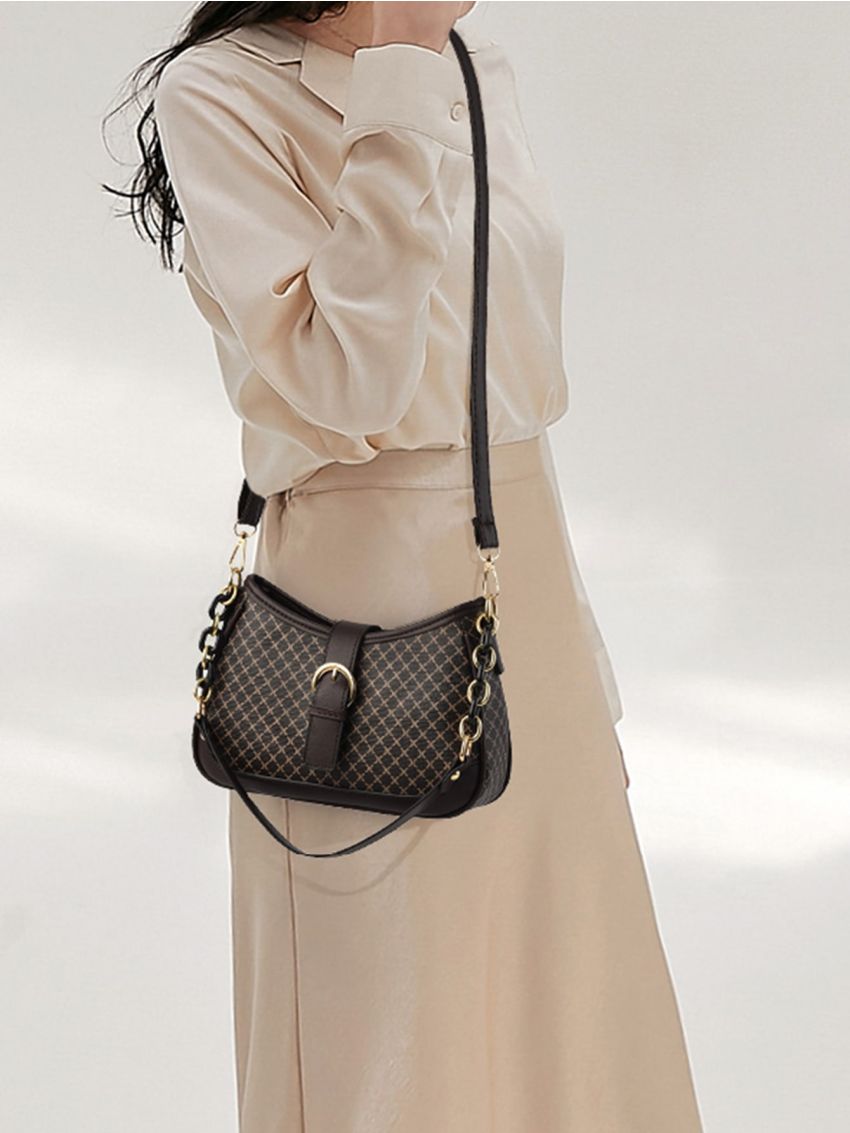 Geometric Pattern Chain & Buckle Decor Hobo Bag for Women