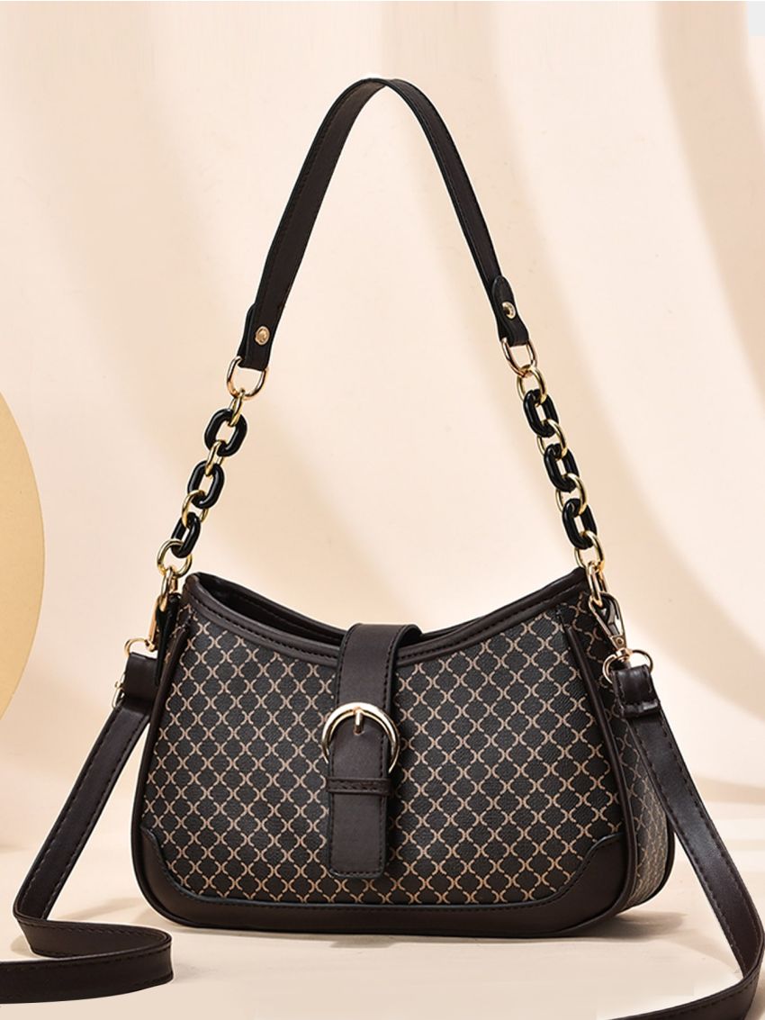 Geometric Pattern Chain & Buckle Decor Hobo Bag for Women