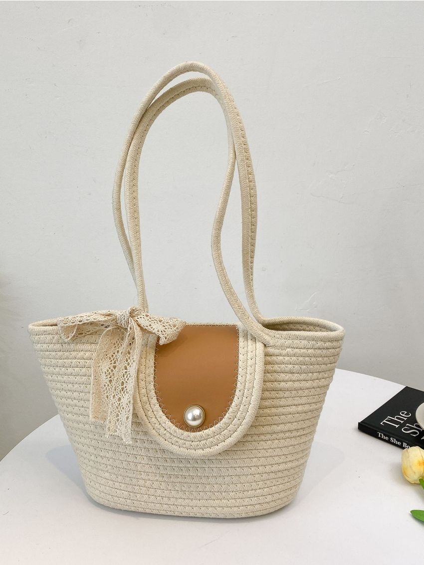 Colorblock Crochet Bag Faux Pearl Decor for Vacation