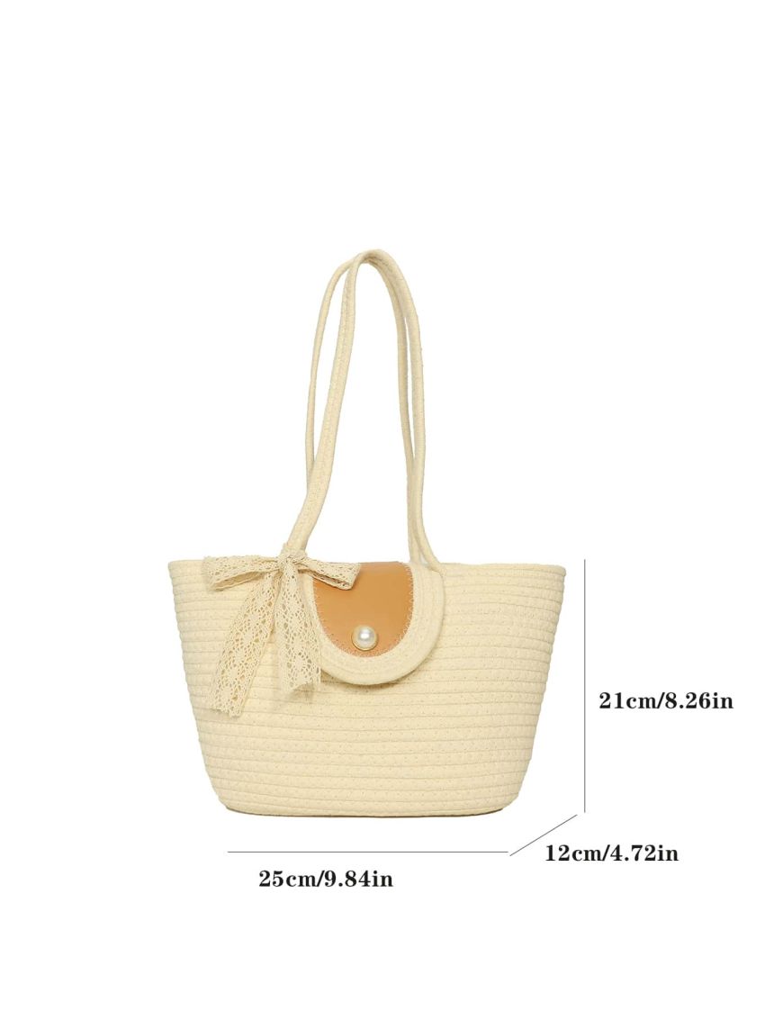 Colorblock Crochet Bag Faux Pearl Decor for Vacation