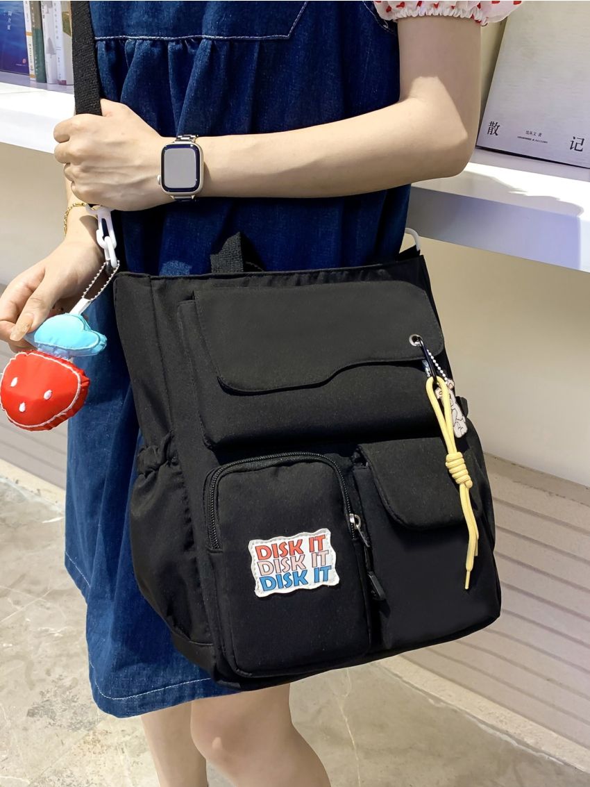 Letter Patch Shopper Bag Pocket Front With Cartoon Bag Charm