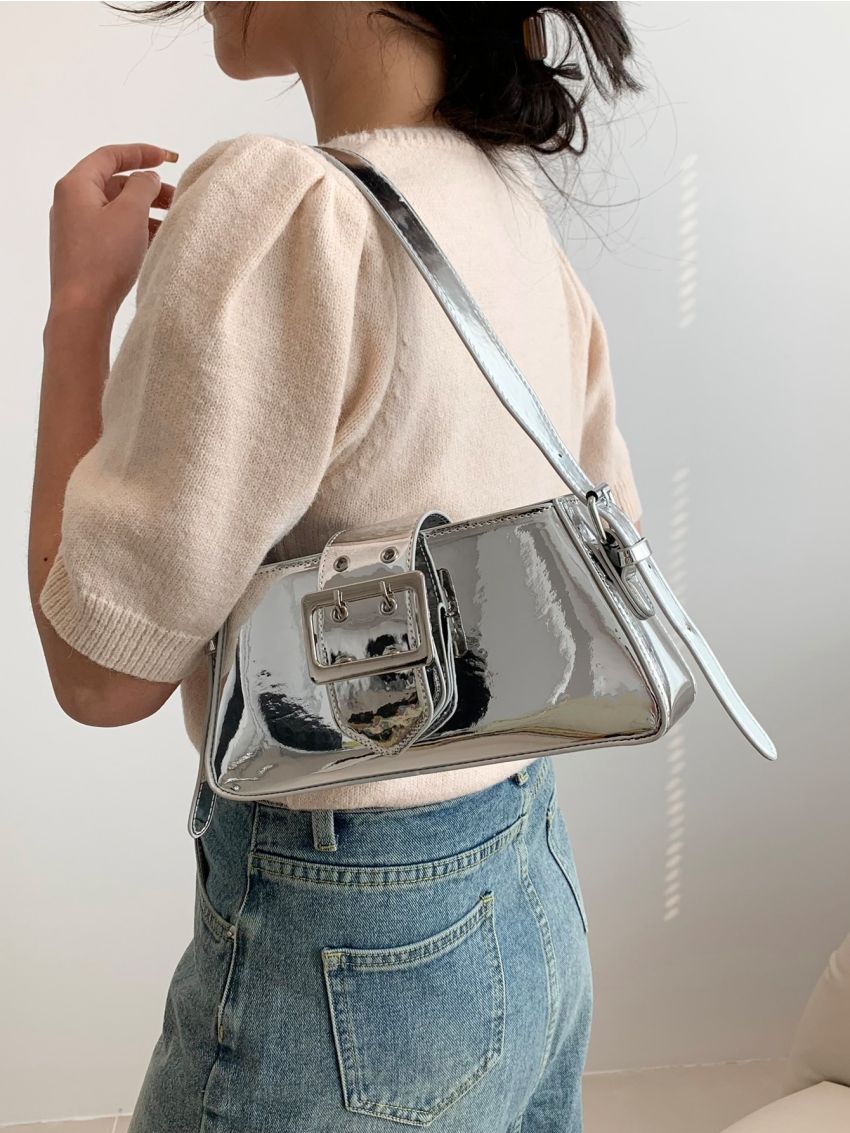 Metallic Baguette Bag Buckle Decor Medium For Club