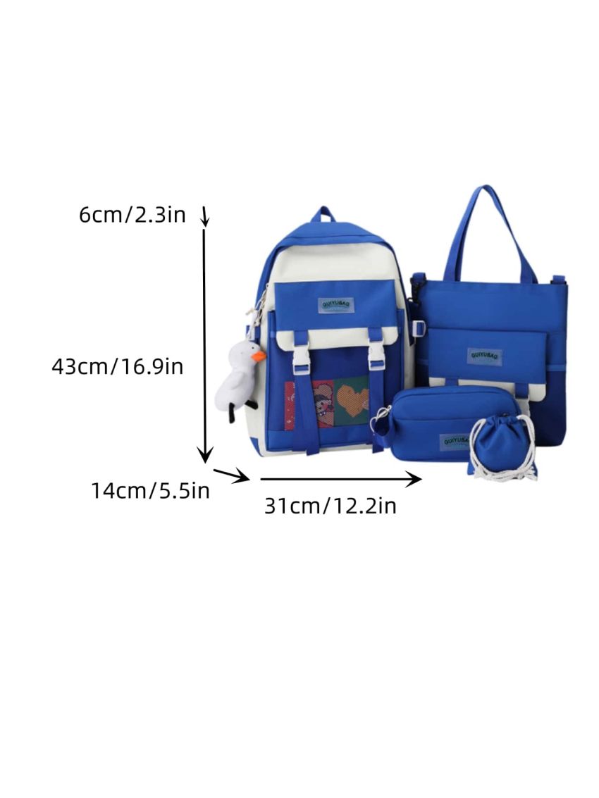 4pcs Letter Graphic Classic Backpack Set Tote Bag Square Bag Coin Purse With Bag Charm For School