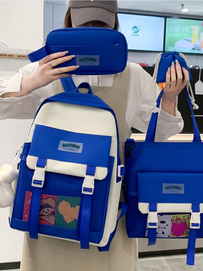 4pcs Letter Graphic Classic Backpack Set Tote Bag Square Bag Coin Purse With Bag Charm For School