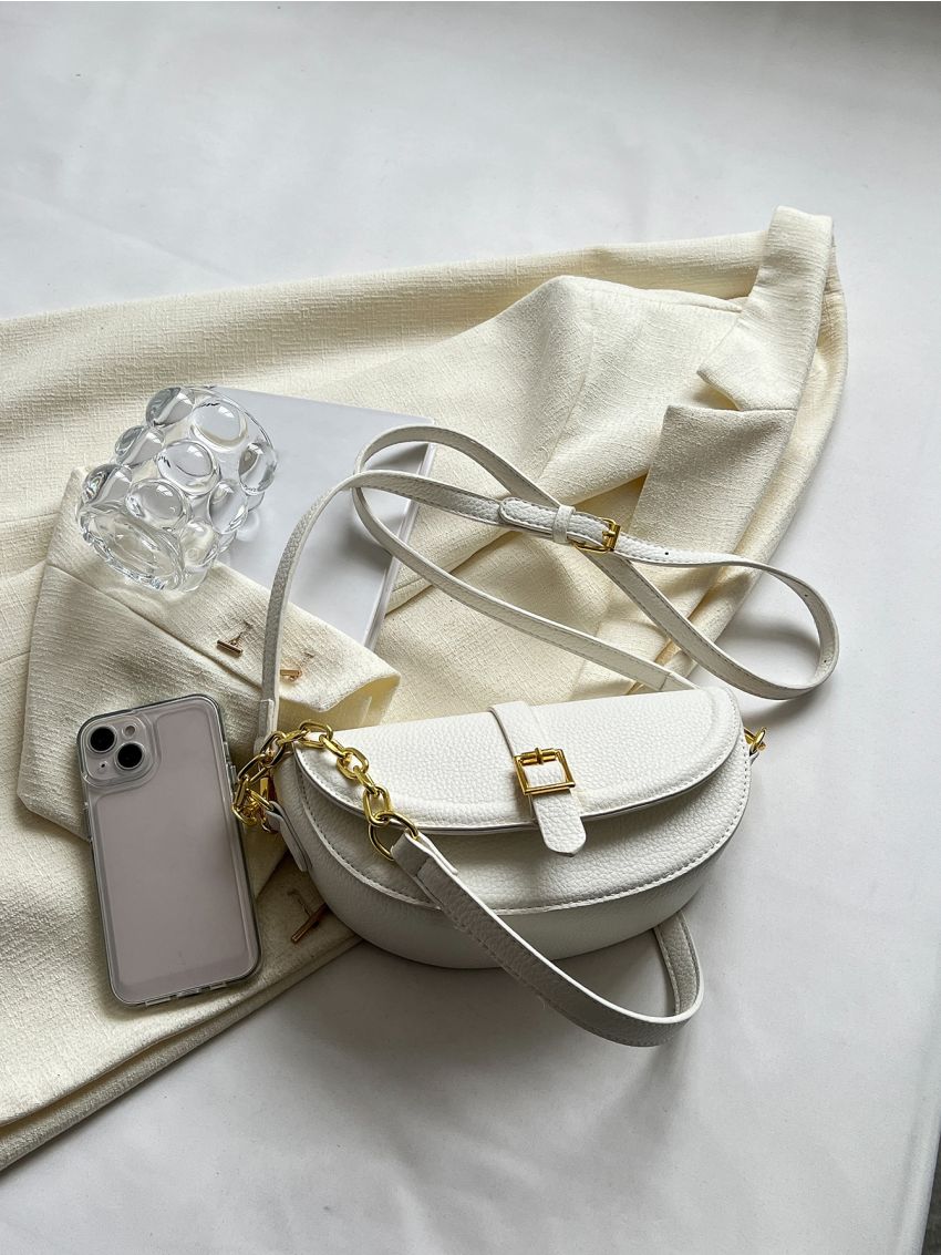 Small Saddle Bag Litchi Embossed Buckle Decor Chain Strap For Daily