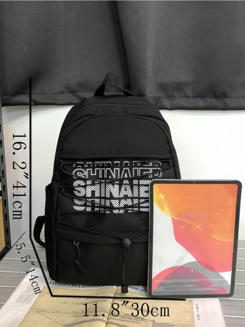 Medium Classic Backpack Letter Print Black Unisex For School