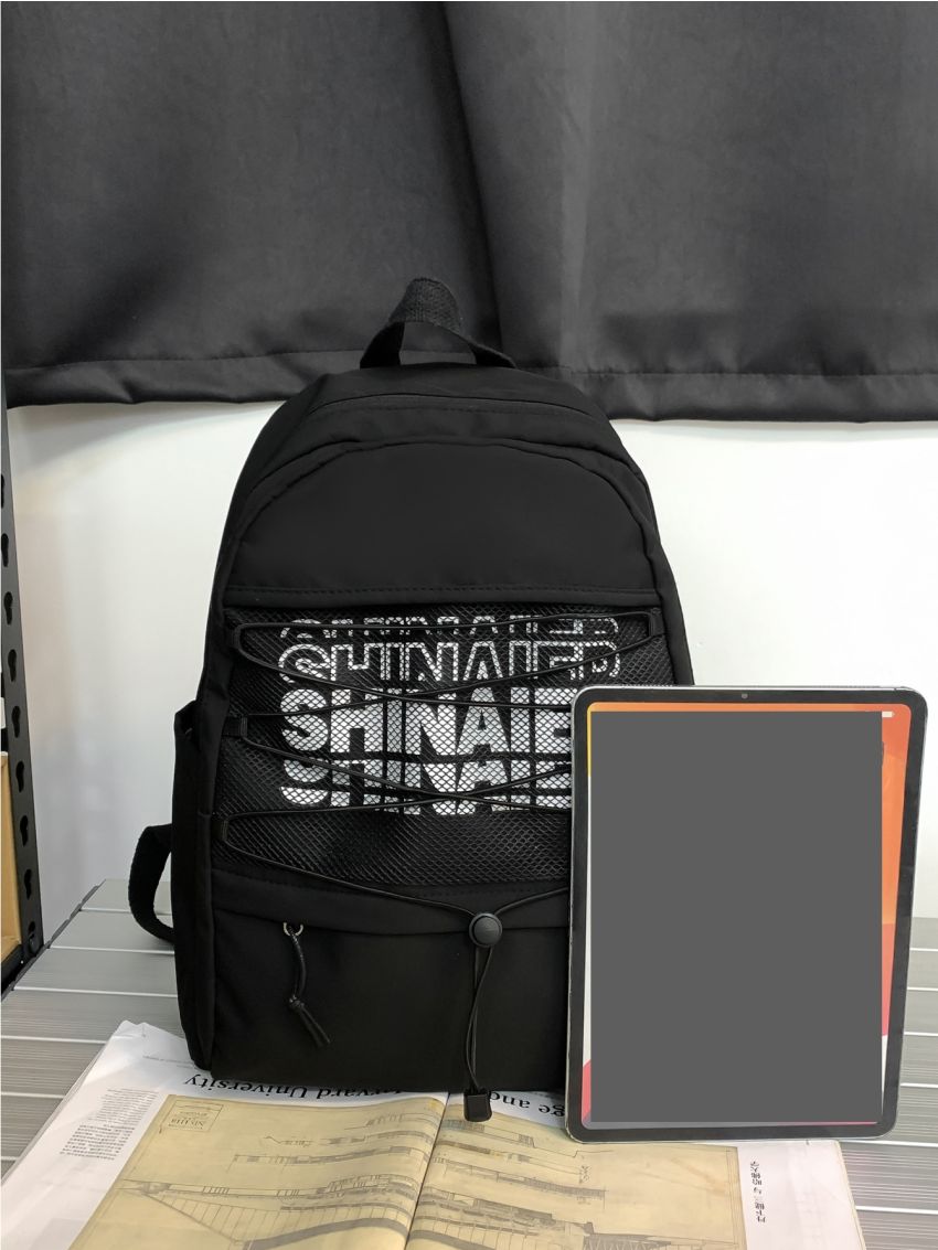 Medium Classic Backpack Letter Print Black Unisex For School