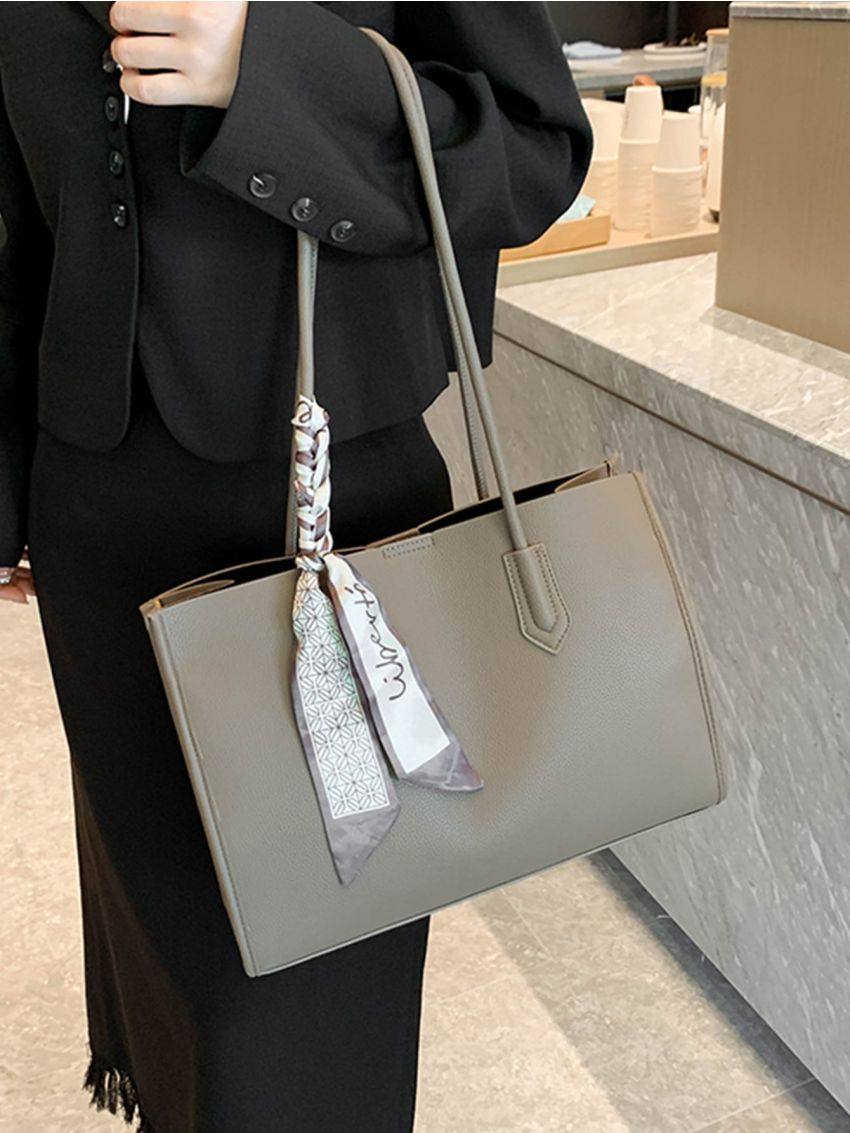 Medium Shoulder Tote Bag Litchi Embossed Twilly Scarf Decor For Work