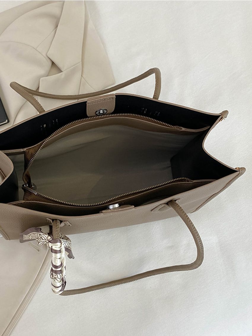 Medium Shoulder Tote Bag Litchi Embossed Twilly Scarf Decor For Work