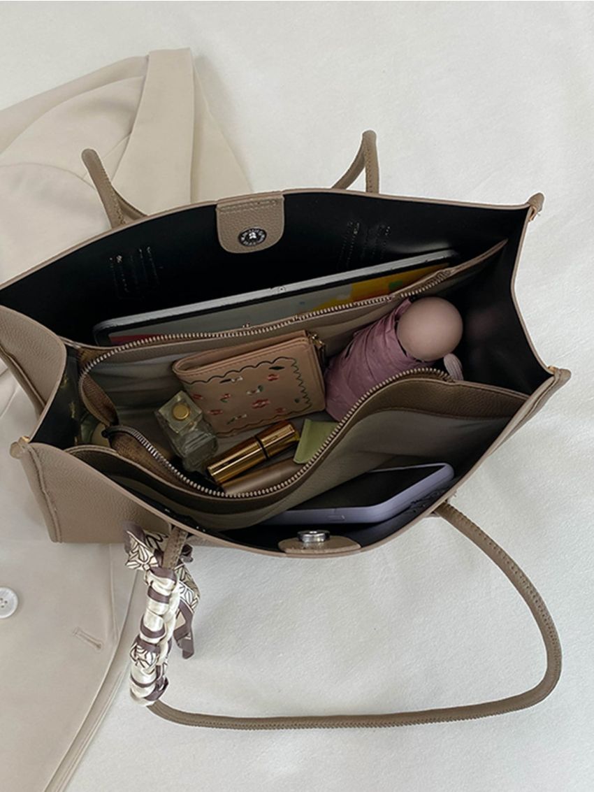 Medium Shoulder Tote Bag Litchi Embossed Twilly Scarf Decor For Work