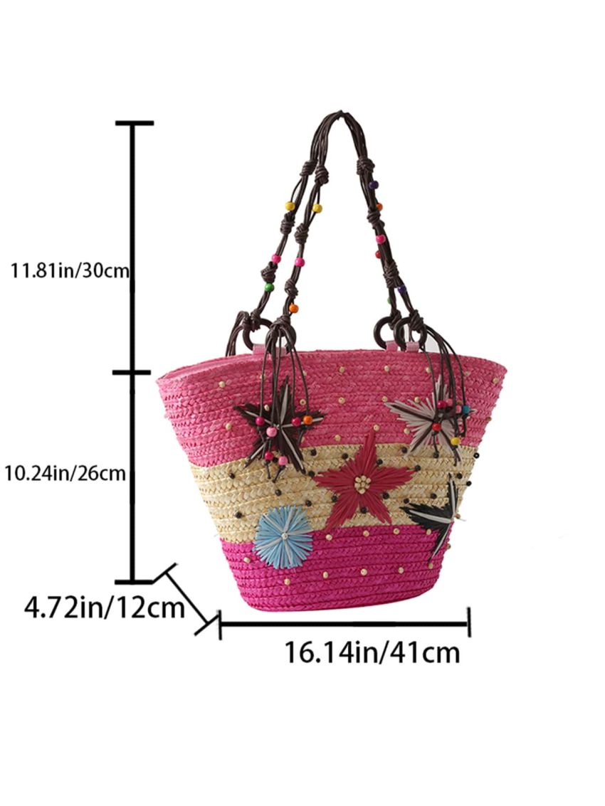 Large Straw Bag Colorblock Star Pattern For Beach