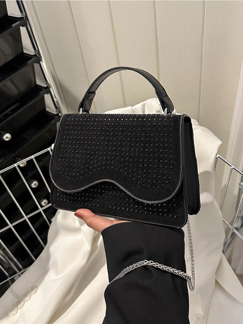 Studded Decor Square Bag Small Flap Top Handle Black