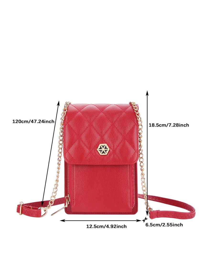 Quilted Phone Wallet Red Metal Decor Credit Card Holder For Daily