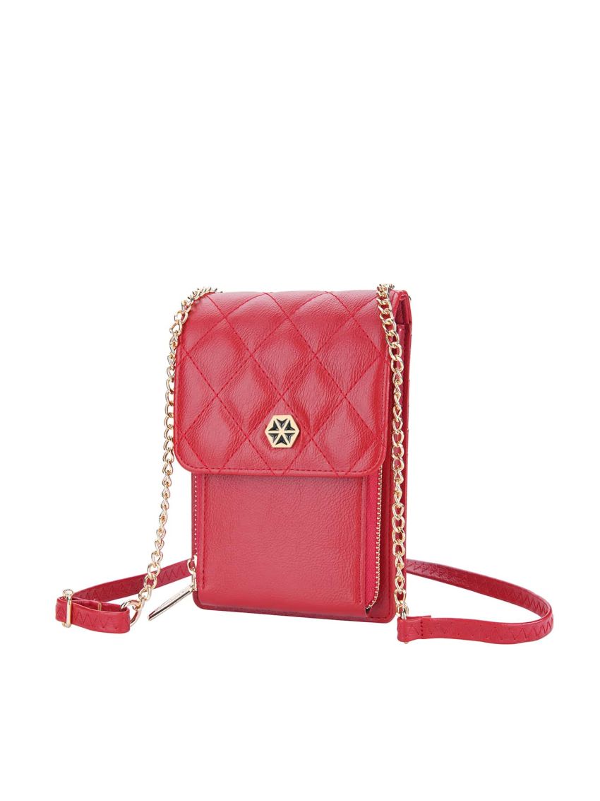 Quilted Phone Wallet Red Metal Decor Credit Card Holder For Daily