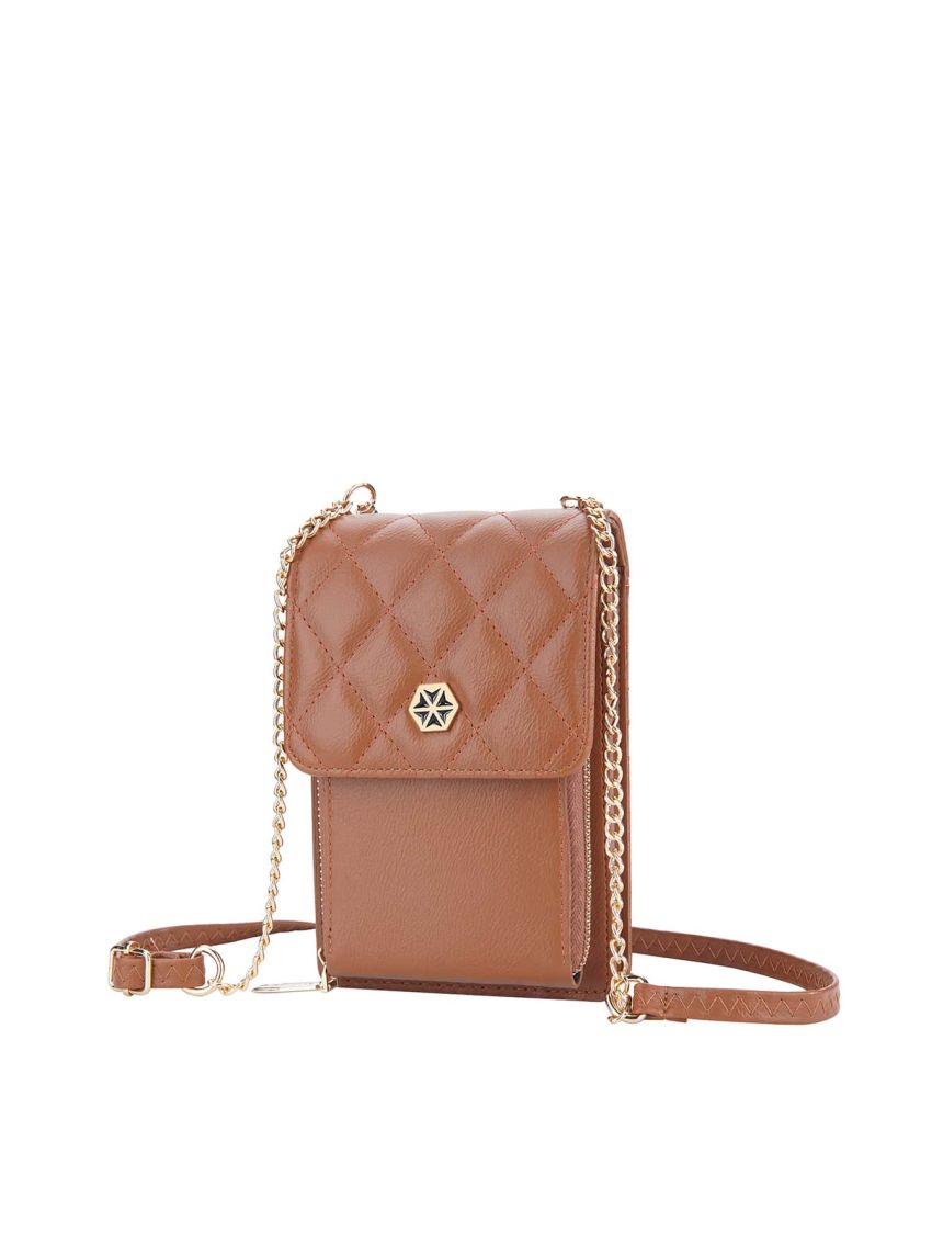 Quilted Phone Wallet Brown Metal Decor Credit Card Holder For Daily