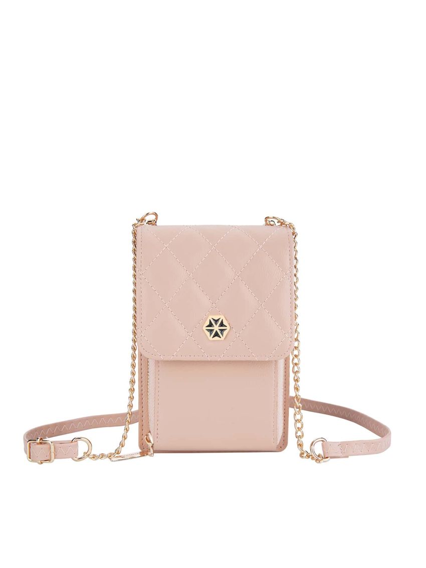 Quilted Phone Wallet Baby Pink Metal Decor Credit Card Holder For Daily