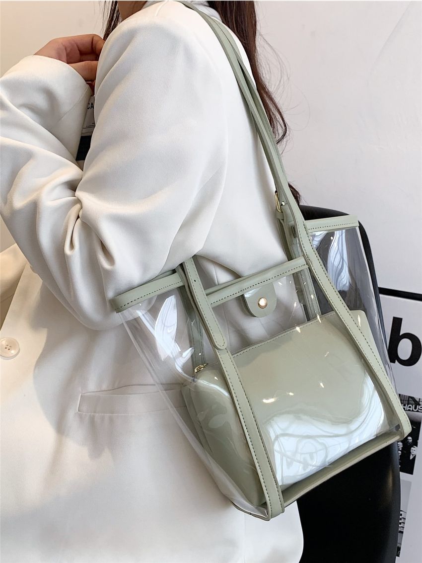 Mini Contrast Binding Bucket Bag Waterproof PVC With Inner Pouch For Beach, Clear Bag