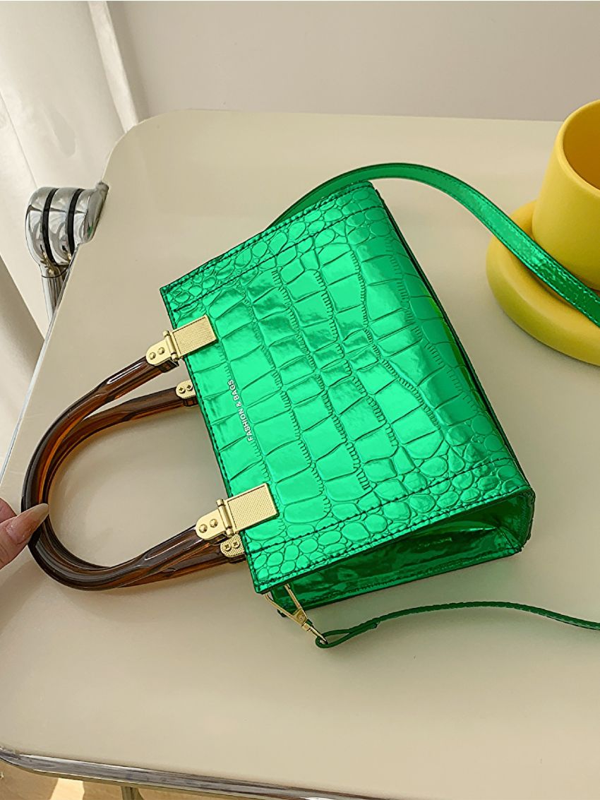 Mini Metallic Square Bag Crocodile Embossed Green Double Handle