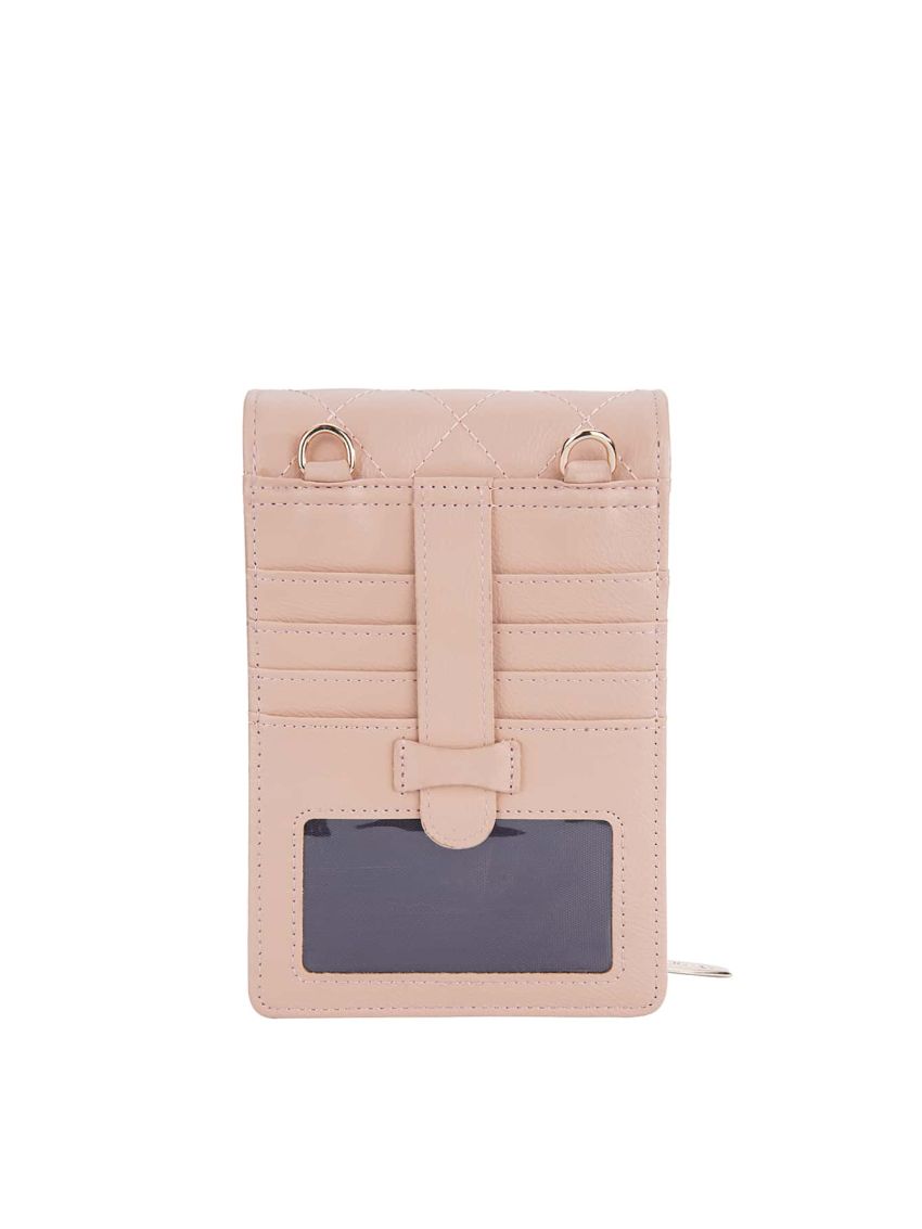 Quilted Phone Wallet Baby Pink Metal Decor Credit Card Holder For Daily