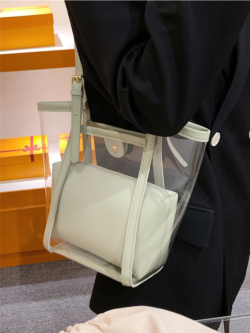 Mini Contrast Binding Bucket Bag Waterproof PVC With Inner Pouch For Beach, Clear Bag