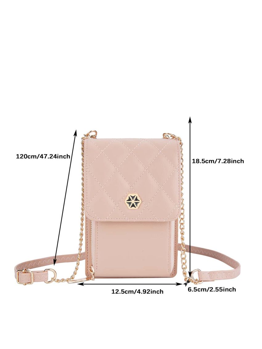 Quilted Phone Wallet Baby Pink Metal Decor Credit Card Holder For Daily