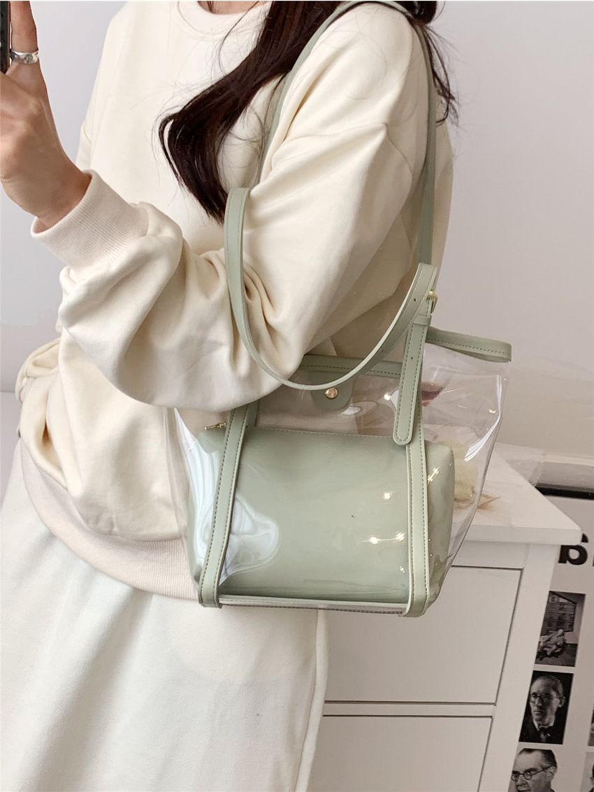 Mini Contrast Binding Bucket Bag Waterproof PVC With Inner Pouch For Beach, Clear Bag